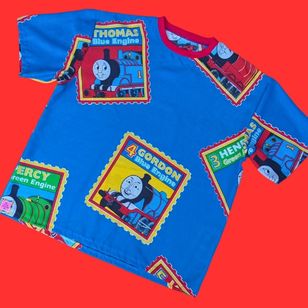 Handmade, Upcycled Thomas The Blue Engine Bedsheet T-Shirt Oversized XL - Picture 2 of 4